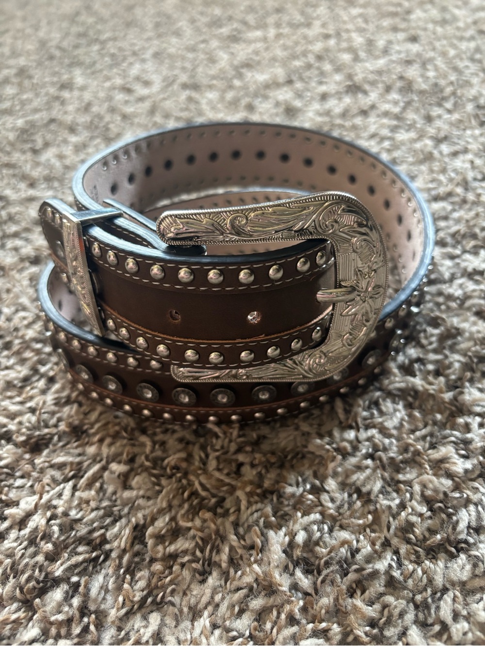 Studded Western Leather Belt - Brown with Silver Buckle